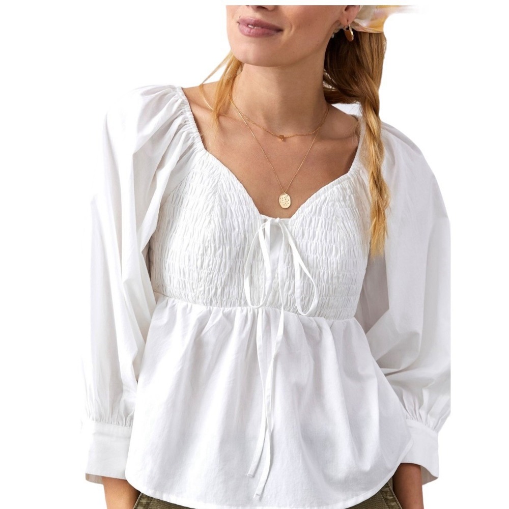 Anthropologie Smocked Sweetheart Neckline Blouse Puff Sleeves‎ White Size Large